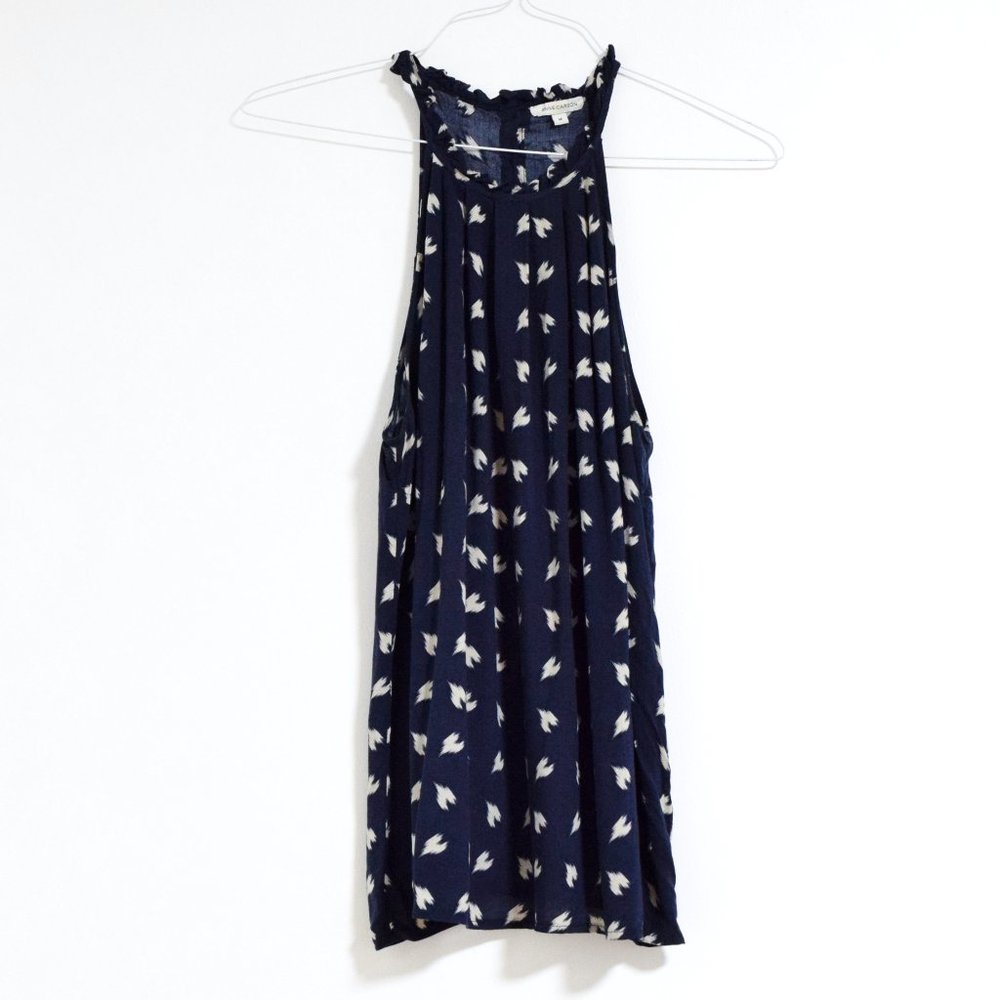 ANNE CARSON Nay Blue Watercolor Hearts Ruffle Neck Flowy Tank Top | Size M